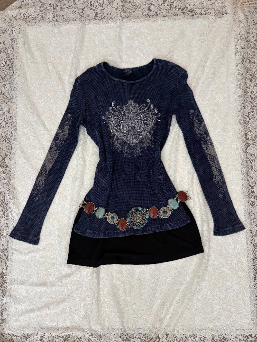 Sledge USA Long Sleeve Y2K Blue Bedazzled Top Size Medium Made in USA 100%Cotton